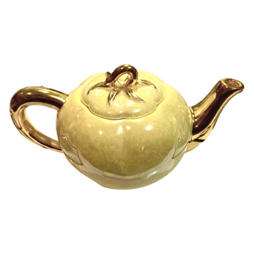 Festive Yellow Luster Ceramic Pumpkin Teapot w/Gold Handle And Spout